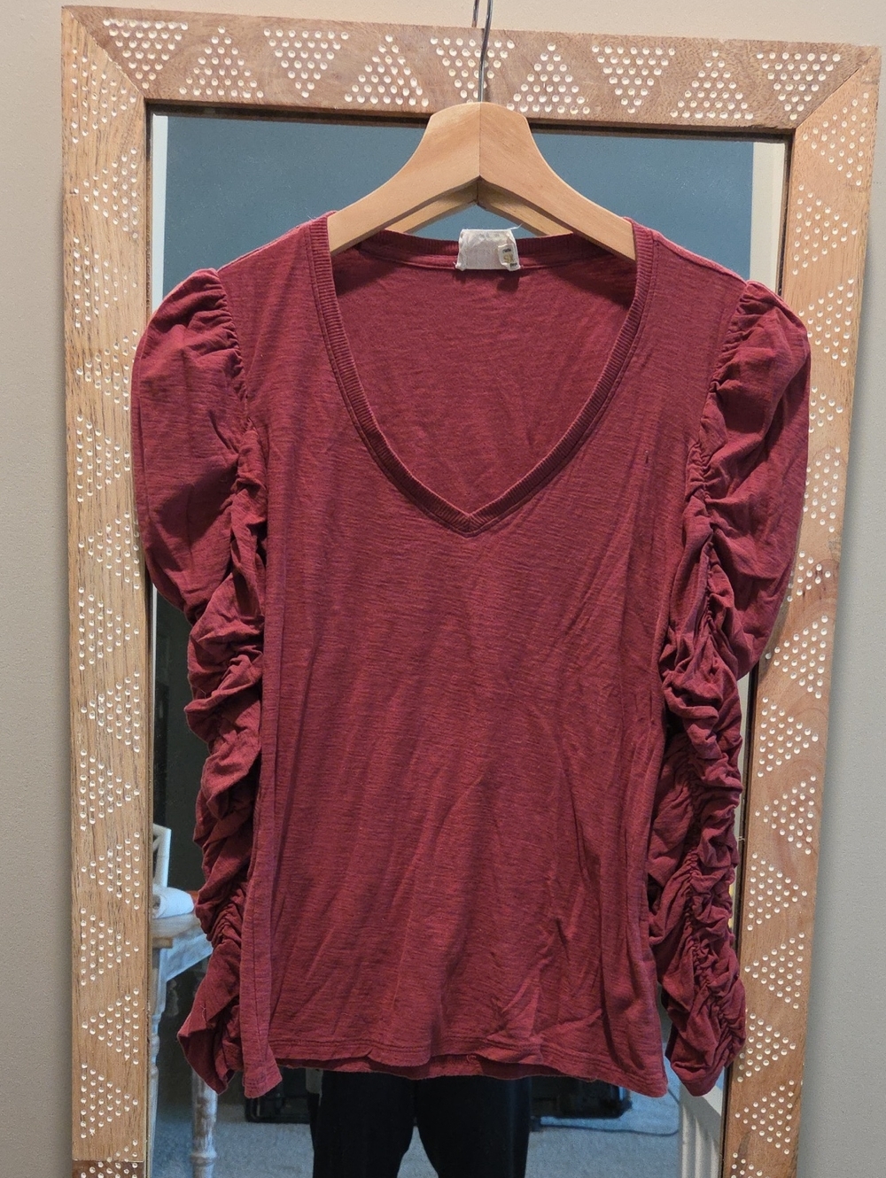 Nation LTD Ruched Long Sleeve V-Neck Top - Wine Red